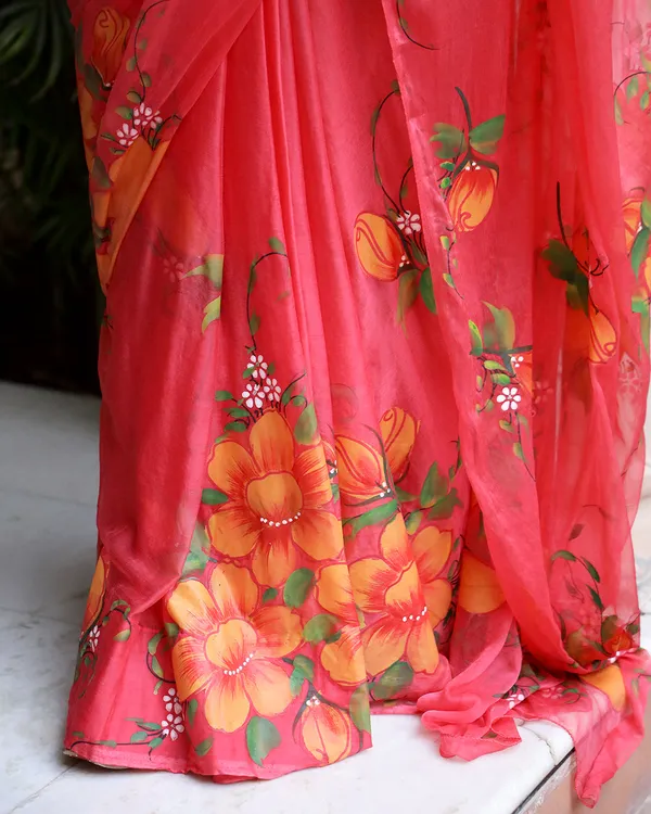 Multicolour_Floral_H_Painted_Crimson_Chiffon_Saree_For_Women